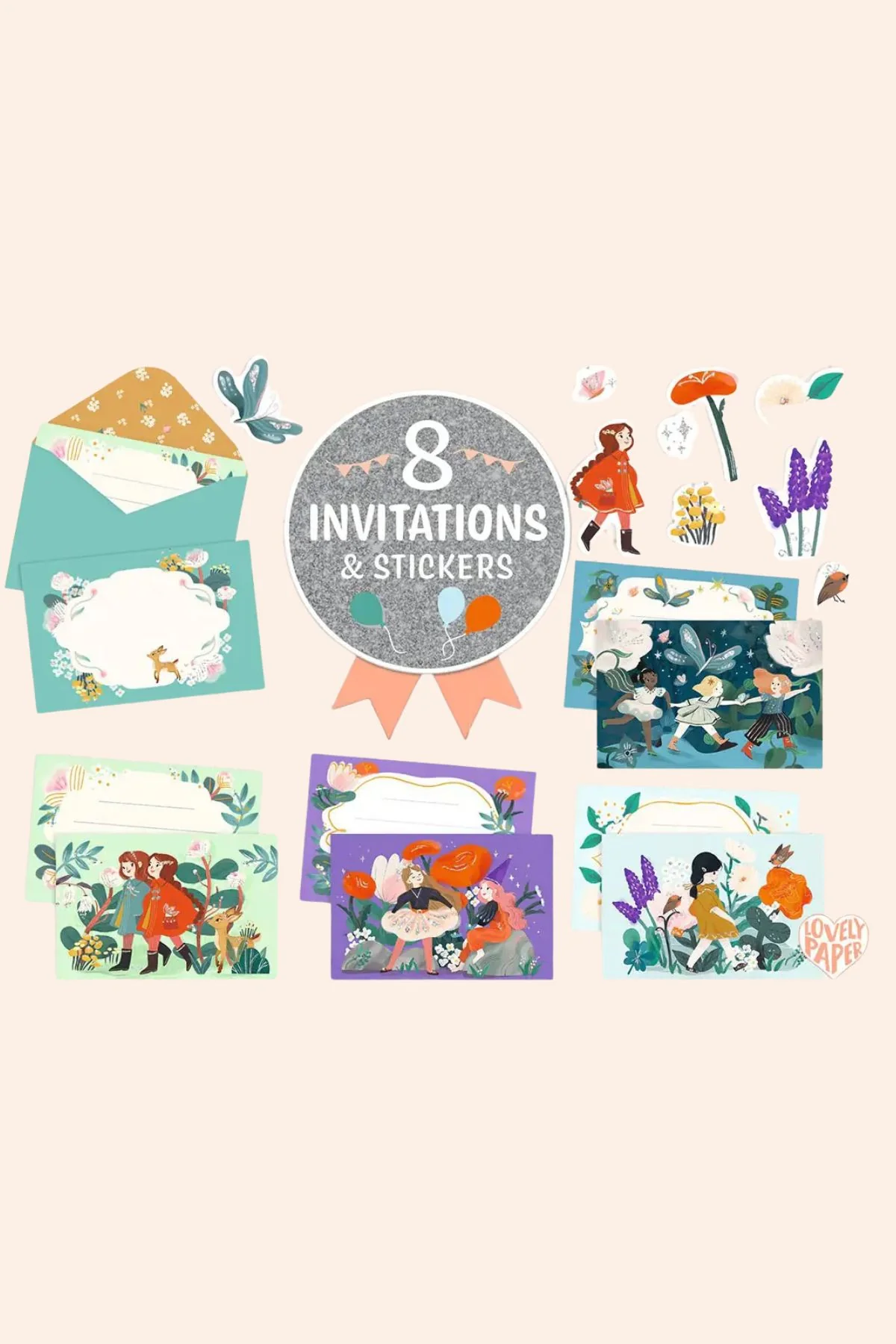 Djeco - 8 Invitations & Stickers - Garden Friends